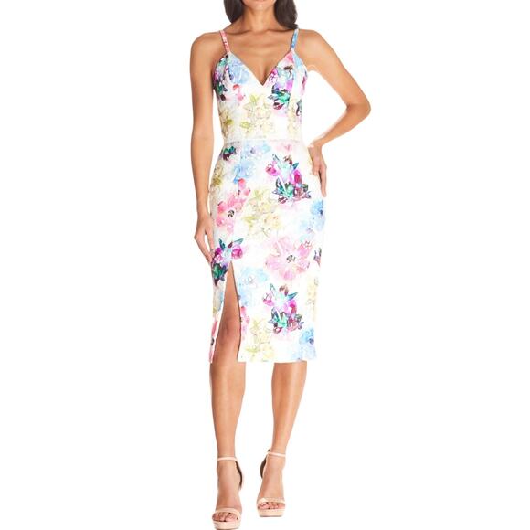 Dress the Population Joelle Sheath Midi Raspberry Multi Floral Cutout Small - Picture 1 of 10